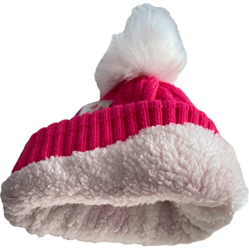 Polar Extreme Pink Cable Knit White Puff Logo Thermal Insulated Hat - Picture 3 of 4